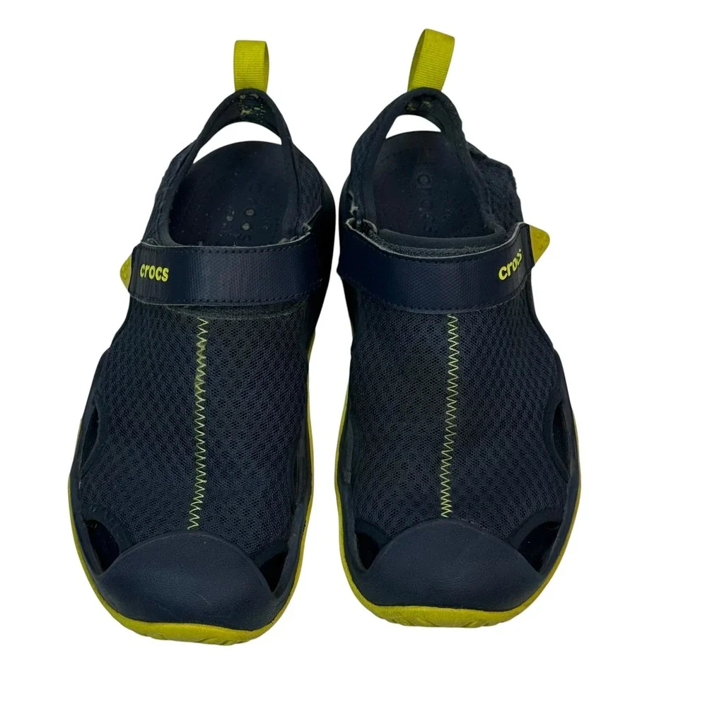 Crocs Swiftwater Mesh Deck Sandals Men 8 Navy Blue Lime Green 205289 Water Shoes